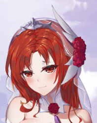 Rule 34 | 1girl, alternate eye color, asa ni haru, bride, closed mouth, dress, flower, hair flower, hair ornament, highres, honkai (series), honkai impact 3rd, long hair, looking at viewer, murata himeko, murata himeko (blood rose), murata himeko (rosy passion), red eyes, red flower, red hair, red rose, rose, solo, upper body, veil, wedding dress, white background, white dress