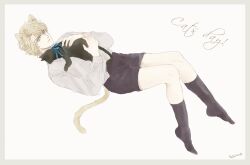 1boy aged_down animal_ears bishounen blonde_hair cat cat_boy cat_ears cat_tail dio_brando jojo_no_kimyou_na_bouken marimocham pale_color pale_skin pastel_colors phantom_blood short_shorts shorts solo tail white_theme