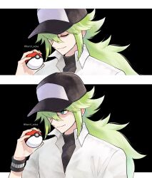Rule 34 | 1boy, arm up, armband, baseball cap, beryl poke, black shirt, closed eyes, closed mouth, collared shirt, commentary request, green hair, hair between eyes, hat, highres, holding, holding poke ball, long hair, looking ahead, male focus, n (pokemon), nintendo, open collar, poke ball, poke ball (basic), pokemon, pokemon bw, shirt, smile, solo, turtleneck, twitter username, upper body, white shirt