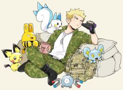1boy :t backpack bad_id bad_twitter_id bag belt belt_buckle binoculars black_belt black_footwear black_gloves blonde_hair boots buckle closed_mouth commentary_request crossed_legs dog_tags elekid fingerless_gloves gen_1_pokemon gen_2_pokemon gen_4_pokemon gloves green_jacket green_pants holding holding_binoculars jacket magnemite male_focus nintendo open_clothes open_jacket pachirisu pants pichu pokemon pokemon_(creature) pokemon_rgby sandbag shinx shirt shitappa short_hair spiked_hair surge_(pokemon) unworn_backpack unworn_bag white_shirt