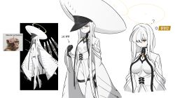 1girl ? absurdres blue_archive breasts colored_skin cross-shaped_pupils halo highres hoshirapu inset korean_text large_hat malkuth_(blue_archive) meme neuron_activation_(meme) no_headwear solo symbol-shaped_pupils translation_request white_skin x-shaped_pupils yellow_halo