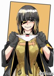 Rule 34 | armband, black gloves, black hair, black jacket, black necktie, blunt bangs, evil smile, eyepatch, girls&#039; frontline, gloves, holding, holding panties, holding underwear, holding unworn clothes, hood, hooded jacket, jacket, long hair, looking at viewer, m16a1 (girls&#039; frontline), minami shin (zenshuu bougyo), mole, mole under eye, multicolored hair, necktie, open mouth, panties, shirt, simple background, smile, solo, underwear, upper body, yellow armband, yellow shirt