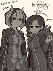 Rule 34 | 2girls, binah (project moon), black cape, black coat, black dress, black eyes, black hair, breasts, cape, coat, colored inner hair, dress, fur-trimmed coat, fur trim, hair between eyes, highres, june blues, library of ruina, lobotomy corporation, long sleeves, looking at viewer, made in abyss, mole, mole under eye, monochrome, multicolored hair, multiple girls, ozen, project moon, short hair, simple background, standing, two-tone hair, upper body, white background