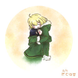 2girls ahoge black_gloves black_hair blonde_hair blush chito_(shoujo_shuumatsu_ryokou) closed_eyes fur-trimmed_jacket fur_trim gloves green_jacket haru_kano hug jacket long_hair long_sleeves multiple_girls open_mouth shoujo_shuumatsu_ryokou smile upper_body yuuri_(shoujo_shuumatsu_ryokou)