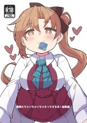 1girl akigumo_(kancolle) all_fours alternate_breast_size aqua_ascot brown_eyes brown_hair collared_shirt commentary_request condom condom_wrapper covered_erect_nipples dress dress_shirt grey_pantyhose halter_dress halterneck heart kantai_collection kodachi_(kuroyuri_shoukougun) long_hair mouth_hold pantyhose pleated_dress ponytail purple_dress shirt simple_background solo white_background white_shirt