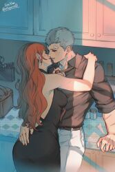 Rule 34 | 1boy, 1girl, ass, back cutout, bandages, belt, black dress, black shirt, blush, breasts, brown belt, brown eyes, closed eyes, clothing cutout, collared shirt, commentary, couple, dress, earrings, english commentary, grey hair, hand on another&#039;s back, hand on another&#039;s shoulder, head tilt, hetero, highres, holding necktie, imminent kiss, jewelry, kirijou mitsuru, kitchen, long hair, looking at another, medium breasts, pants, persona, persona 3, red hair, sanada akihiko, scar, scar on arm, shirt, short hair, sleeveless, sleeveless dress, soc nau, very short hair, white pants, wing collar