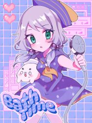 Rule 34 | 1girl, :o, blue background, blush, chibi, commentary, dress, english text, green eyes, grey hair, hair bobbles, hair ornament, hat, heart, highres, hirose yasuho, holding, holding shower head, jojo no kimyou na bouken, jojolion, long hair, looking at viewer, neckerchief, official alternate costume, open mouth, pixel heart, polka dot, polka dot dress, purple dress, purple hat, purple sailor collar, rairack777, sailor, sailor collar, sailor dress, sailor hat, shower head, solo, symbol-only commentary, twintails, yellow neckerchief
