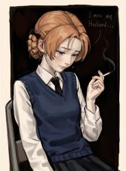 1girl between_fingers black_background black_bow bow braid chair character_request check_character cigarette commission crying crying_with_eyes_open fingernails formal_clothes girls_und_panzer highres holding holding_cigarette lips on_chair orange_pekoe_(girls_und_panzer) parted_bangs school_uniform shirt short_hair sitting smoke smoke_trail smoking solo teardrop tearing_up tears vankraut