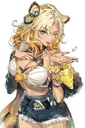 1girl animal_ears asymmetrical_sleeves black_nails black_sleeves blonde_hair blowing_kiss braid breasts choker cleavage commentary denim denim_shorts genshin_impact geo_symbol_(genshin_impact) green_eyes highres jewelry large_breasts medium_hair midriff monjja multiple_rings nail_polish navel one_eye_closed ring shorts simple_background solo stomach tongue tongue_out vision_(genshin_impact) white_background xilonen_(genshin_impact)