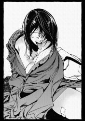 Rule 34 | 1girl, bandaid on thigh, black border, border, bottomless, breasts, cleavage, greyscale, hachinuki tetsuyo, hair over one eye, highres, jacket, jimiko, jitome, looking at viewer, medium hair, messy hair, mob face, moire, monochrome, naked jacket, open clothes, open jacket, original, round eyewear, she (hachinuki tetsuyo), solo, tongue, tongue out