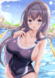 1girl bare_arms bare_shoulders black_hair black_one-piece_swimsuit blue_eyes blue_sky blush breasts cleavage cloud collarbone commentary_request competition_swimsuit covered_navel day hair_between_eyes hand_up highres large_breasts long_hair looking_at_viewer misumi_aoi one-piece_swimsuit ongeki open_mouth outdoors pool sky solo swimsuit very_long_hair water water_drop xenon_(for_achieve)