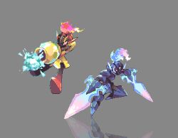 arm_blade arm_cannon armarouge armor ceruledge dual_wielding evolutionary_line fire gen_9_pokemon grey_background highres holding midair nintendo pixel_art pokemon pokemon_(creature) purple_armor purple_fire reflection robin_(pixelated_robin) simple_background sword weapon yellow_armor