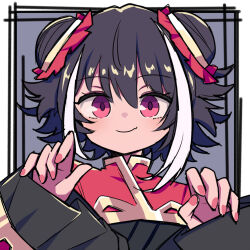1girl alternate_hair_length alternate_hairstyle an_apple_akaao black_dress black_hair border chinese_clothes claw_pose double_bun dress grey_background hair_bun jia_xichun_(project_moon) limbus_company looking_at_viewer multicolored_hair pink_eyes project_moon red_nails red_shrug short_hair simple_background solo streaked_hair upper_body white_border white_streaks