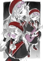 1girl :p ascot bang_dream! bang_dream!_it&#039;s_mygo!!!!! beret capelet commentary expressionless eyewear_on_head frilled_ascot frills glasses hat heart heart-shaped_eyewear highres long_hair mary_janes mortis_(bang_dream!) mortis_(costume)_(bang_dream!) mortis_(persona)_(bang_dream!) multiple_views pantyhose partially_colored pink-tinted_eyewear red_hat red_shoes rimless_eyewear sedith_cd shoes sidelocks sparkle tinted_eyewear tongue tongue_out v wakaba_mutsumi