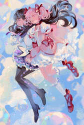 2girls abstract_background akemi_homura black_hair full_body highres kaname_madoka long_hair magical_girl mahou_shoujo_madoka_magica multiple_girls pink_hair pink_skirt purple_eyes purple_skirt short_twintails skirt twintails wttwj