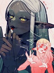 2girls absurdres applying_makeup blonde_hair blue_eyes cithis commentary dark-skinned_female dark_elf dark_skin dungeon_meshi elf english_commentary facial_mark forehead_mark grey_hair highres jewelry lipstick lipstick_mark lipstick_mark_on_face long_hair makeup multiple_girls notched_ear pachix2_corgi pattadol pointy_ears ring yellow_eyes yuri
