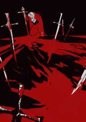 1boy ace_attorney bad_id bad_pixiv_id highres miles_edgeworth raycrodu_h red_suit solo suit sword weapon
