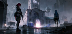 2girls 95_(jiuwujiang) animal_ears architecture arknights bird black_footwear black_pantyhose blue_hair building church clock clock_tower cloud cloudy_sky commentary_request cross detached_wings energy_wings exusiai_(arknights) fingerless_gloves fog gloves grey_sky gun halo highres holding holding_gun holding_sword holding_weapon hood hood_down hooded_jacket jacket lantern latin_cross multiple_girls outdoors pantyhose red_hair rifle rubble shipping_container short_hair sky skyscraper standing sword tail texas_(arknights) thigh_strap tower weapon wings wolf_ears wolf_girl wolf_tail