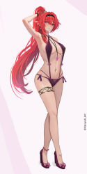 1girl anklet breasts bright_pupils criss-cross_halter hair_between_eyes hairband halterneck haruyuki_(karem) high_heels high_ponytail highres jewelry large_breasts long_hair looking_at_viewer mole mole_under_each_eye mole_under_eye multiple_moles navel navel_piercing pendant piercing pointy_ears ponytail purple_eyes red_hair slingshot_swimsuit solo swimsuit thigh_strap two-tone_swimsuit very_long_hair white_background white_pupils wuthering_waves yinlin_(wuthering_waves)