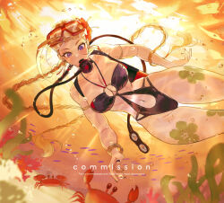 1girl air_bubble bikini blonde_hair bracelet braid breasts bubble cammy_white commission crab diving_regulator facial_scar fish goggles goggles_on_head highres jewelry leg_tattoo long_hair o-ring o-ring_bikini scar scar_on_cheek scar_on_face scuba scuba_gear scuba_tank seaweed solo street_fighter submerged sumustard sunlight swimming swimsuit tattoo thick_thighs thigh_gap thighs twin_braids underwater very_long_hair wide_hips