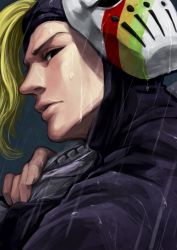 1boy bad_id bad_pixiv_id black_eyes blackmore blonde_hair cafemoka-septro catch_the_rainbow highres hood jojo_no_kimyou_na_bouken male_focus mask mask_on_head rain solo stand_(jojo) steel_ball_run umbrella
