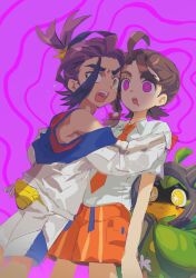 1boy 1girl bag black_hair brown_hair collared_shirt commentary_request drooling fangs hair_ornament hand_on_another&#039;s_shoulder highres hypnosis jacket juliana_(pokemon) kieran_(pokemon) korean_commentary long_sleeves mind_control mouth_drool multicolored_hair naranja_academy_school_uniform necktie nintendo off_shoulder ogerpon open_mouth orange_necktie orange_shorts pokemon pokemon_(creature) pokemon_sv pon1pon1o purple_background purple_hair red_tank_top school_uniform shaded_face shirt short_sleeves shorts star-shaped_pupils star_(symbol) symbol-shaped_pupils tank_top tears white_jacket white_shirt white_shorts yellow_bag yellow_eyes