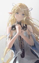 1girl artist_logo bare_shoulders black_collar blonde_hair blue_eyes cartethyia_(wuthering_waves) closed_mouth collar commentary crown_of_thorns cryne earrings highres jewelry logo long_hair looking_at_viewer making-of_available own_hands_clasped own_hands_together pointy_ears simple_background smile solo tabard tacet_mark_(wuthering_waves) upper_body very_long_hair white_background white_tabard wuthering_waves