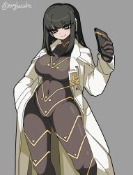 Rule 34 | 1girl, absurdres, black bodysuit, black hair, blush, bodysuit, cesara (project moon), closed mouth, cowboy shot, grey background, highres, id card, kekeken, lapels, limbus company, long hair, narrowed eyes, notched lapels, p corp uniform, project moon, sidelocks, simple background, smile, solo, very long hair