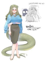 2girls arms_under_breasts blouse blue_eyes blush choker drill_hair fangs gold_choker green_hair hand_to_own_mouth highres jacket jacket_on_shoulders jewelry laughing maikamiaka multiple_girls necklace ojou-sama_pose pointy_ears ringlets shirt skirt smug snake_girl snake_tail sweat tail tail_wagging translation_request white_background