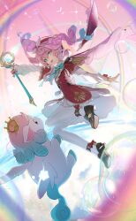 1girl absurdres aqua_bow aqua_bowtie aqua_eyes aqua_hair black_shoes bow bowtie dress drill_hair gradient_hair hat highres honkai:_star_rail honkai_(series) hyacine_(honkai:_star_rail) kamatoyu little_ica_(honkai:_star_rail) loafers long_sleeves looking_at_viewer multicolored_hair open_mouth pantyhose pink_hair red_dress red_hat shoes smile twin_drills twintails white_pantyhose