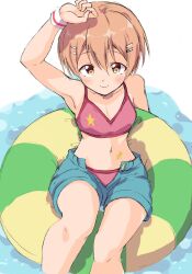 1girl arm_up blue_shorts breasts closed_mouth crop_top hair_ornament hairclip highres hoshizora_rin innertube looking_at_viewer love_live! love_live!_school_idol_project midriff navel on_innertube orange_eyes orange_hair sen_(sen0910) short_hair short_shorts shorts sitting small_breasts smile solo sweatband swim_ring