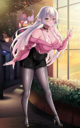 1girl black_choker black_shoes black_skirt breasts character_request choker cleavage closed_mouth collarbone commission copyright_request eyelashes green_eyes grey_hair hair_between_eyes high_heels highres large_breasts lips long_hair mad_kimo off-shoulder_shirt off_shoulder pantyhose pencil_skirt pink_shirt pointy_ears pumps shadow shirt shoes skirt solo stiletto_heels thighband_pantyhose