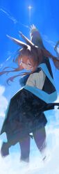1girl amiya_(arknights) animal_ears arknights arm_up ascot black_pantyhose blue_ascot blue_eyes blue_jacket blue_skirt blue_sky brown_hair cloud day double-parted_bangs feet_out_of_frame from_behind hair_between_eyes highres jacket jaihu jewelry long_hair long_sidelocks long_sleeves looking_back multiple_rings open_clothes open_jacket open_mouth pantyhose plaid_clothes plaid_skirt ponytail rabbit_ears reaching ring shirt sidelocks skirt sky solo star_(sky) turning_head white_shirt