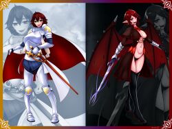 1girl absurdres armor before_and_after blood blush breasts cape chain cleavage cleavage_cutout clothing_cutout coat come_hither corruption dark_persona dual_persona fangs gauntlets green_eyes high_heels highres knight large_breasts looking_at_viewer low_wings monster_girl monster_girl_encyclopedia monsterification naughty_face no_bra open_clothes open_coat open_mouth red_eyes red_hair revealing_clothes scabbard sharp_teeth sheath short_hair shrasik slit_pupils smile smug sword teet teeth thong torn_wings transformation undead underboob underboob_cutout vampire vampire_(monster_girl_encyclopedia) warrior weapon wings