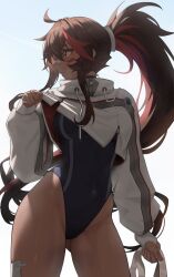 Rule 34 | 1girl, absurdres, arc2urus, backlighting, blue leotard, brown hair, clothes lift, commentary, cowboy shot, cropped hoodie, dark-skinned female, dark skin, gauze, gauze on leg, gauze on nose, highleg, highleg leotard, highres, hood, hoodie, hoodie lift, juliette (omega strikers), leotard, lifting own clothes, long hair, long sleeves, looking to the side, omega strikers, ponytail, puffy long sleeves, puffy sleeves, sleeves past wrists, solo, white hoodie, zipper, zipper pull tab