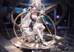 1girl black_hat black_shoes breasts closed_mouth commentary dress english_commentary hair_between_eyes hat heterochromia high_heels highres large_breasts long_hair long_sleeves looking_at_viewer original pantyhose pink_eyes planetarium pumps shoes sitting smile solo stiletto_heels thighs white_dress white_hair white_pantyhose yellow_eyes yuxing_yuhang