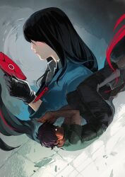 Rule 34 | black eyes, black gloves, black hair, black pants, blazer, blue jacket, character request, check character, collared jacket, collared shirt, commentary, cover, cover page, english commentary, envelope, glass shards, gloves, green shirt, grey background, himekawa reiko, himekawa reiko series, holding, holding envelope, jacket, kikuta kazuo, lapels, long hair, long sleeves, lying, notched lapels, on floor, on side, pants, patipat asavasena, shirt, short hair, short sleeves, strawberry night, t-shirt, tile floor, tiles, two-tone background, wax seal, white background, white shirt