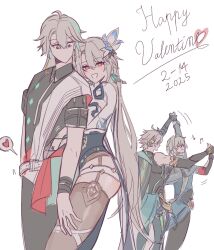 1girl 3boys alhaitham_(genshin_impact) anaxa_(honkai:_star_rail) black_pants black_shirt black_thighhighs blue_bodysuit bodysuit commentary company_connection dancing dated earrings genshin_impact gnarlypzofbread grabbing_from_behind grey_hair hair_ornament hand_under_clothes happy_valentine heart hetero highres honkai:_star_rail honkai_(series) honkai_impact_3rd jewelry long_hair mihoyo multiple_boys musical_note open_mouth pants red_eyes shirt short_hair simple_background single_leg_bodysuit spoken_heart su_(honkai_impact) symbol-only_commentary thighhighs thighs trait_connection two-tone_shirt very_long_hair vita_(honkai_impact) vita_(lone_planetfarer)_(honkai_impact) white_background