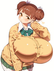 1girl absurdres blush bow breasts brown_eyes brown_hair buttons collared_shirt fujinoki_nene green_bow green_skirt hair_bun hair_ornament hajimete_no_gal highres huge_breasts impossible_clothes mimiru_(mimiru6969) miniskirt school_uniform shirt short_hair shortstack skirt solo
