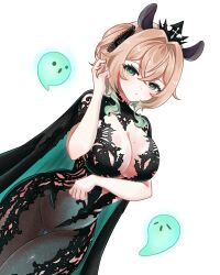 1girl absurdres ai-generated_art_(topic) alternate_costume animal_ears arm_under_breasts black_bodysuit black_cape black_tiara blush bodysuit border breasts brown_hair cape chronopattern_dress cleavage commentary cowboy_shot dutch_angle eyelashes green_eyes hair_intakes highres indie_virtual_youtuber large_breasts looking_at_viewer medium_hair meme_attire mole mole_on_breast naplings_(nimi_nightmare) nimi_nightmare one_side_up outside_border parted_lips see-through_bodysuit see-through_clothes seekorplatypus simple_background solo tapir_ears tapir_girl thick_eyelashes thigh_gap tiara twirling_hair two-sided_cape two-sided_fabric virtual_youtuber white_background white_border