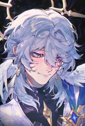 Rule 34 | 1boy, abstract background, absurdres, black background, black shirt, closed mouth, commentary, earrings, english commentary, feathered wings, glittermoonie, grey hair, head wings, highres, honkai: star rail, honkai (series), jacket, jewelry, long hair, male focus, portrait, shirt, smile, solo, sunday (honkai: star rail), white jacket, white wings, wings, yellow eyes
