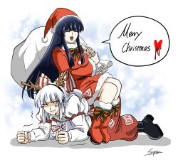 Rule 34 | 2girls, alternate costume, antlers, arm belt, artist name, belt, black hair, boots, bow, bowtie, breasts, christmas, clenched teeth, closed eyes, collared shirt, commentary, dress, english text, fake horns, footwear bow, fujiwara no mokou, fur-trimmed dress, fur-trimmed footwear, fur-trimmed headwear, fur-trimmed sleeves, fur trim, grey hair, hair bow, hat, heart, highres, holding, holding sack, horn hairband, horns, houraisan kaguya, long hair, long sleeves, merry christmas, multiple girls, multiple hair bows, open mouth, pants, planking, pom pom (clothes), red dress, red eyes, red footwear, red hat, red pants, reindeer antlers, sack, santa costume, shirt, signature, sitting, sitting on person, smile, sniper16783072, speech bubble, spoken heart, suspenders, teeth, touhou, trembling, very long hair, white shirt