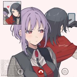2girls absurdres amoris_(bang_dream!) bang_dream! bang_dream!_it&#039;s_mygo!!!!! black_gloves black_hair blue_eyes capelet closed_mouth commentary_request gloves heart highres medium_hair multiple_girls nanami_(nunnun_0410) pink_eyes purple_hair red_brooch red_capelet selfie short_hair sidelocks simple_background sparkle sweatdrop timoris_(bang_dream!) white_background yahata_umiri yuutenji_nyamu