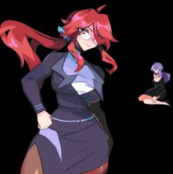 1girl ahoge arm_at_side bare_legs breasts brown_pantyhose glasses hand_on_own_hip highres jun-kou kneeling large_breasts long_hair long_sleeves lorelei_(pokemon) nintendo pantyhose pencil_skirt pokemon pokemon_lgpe pokemon_rgby ponytail red_eyes red_hair sidelocks skirt smile solo swept_bangs tsurime upper_body