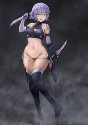 1girl absurdres aged_up arm_belt bandaged_arm bandages bare_shoulders black_panties blush boots breasts curecycadura dagger facial_scar fate/apocrypha fate/grand_order fate_(series) gloves green_eyes highres jack_the_ripper_(fate/apocrypha) knife looking_at_viewer lowleg lowleg_panties medium_breasts navel panties scar scar_across_eye scar_on_cheek scar_on_face shiny_skin short_hair shoulder_tattoo single_glove solo standing tattoo thigh_boots underwear weapon white_hair