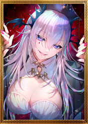 Rule 34 | 1girl, absurdres, black cloak, blue eyes, breasts, cleavage, cleavage cutout, cloak, clothing cutout, commentary request, dalachi (headdress), double-parted bangs, dress, grey hair, hair between eyes, head wings, highres, horizontal pupils, indie virtual youtuber, large breasts, long hair, looking at viewer, mole, mole under mouth, multicolored hair, outside border, pink nails, pochimaru (vtuber), pochimaru (vtuber) (4th costume), purple hair, redrop, signature, smile, solo, teeth, virtual youtuber, watermark, white dress, wings
