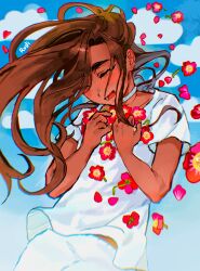1girl alien_stage blue_sky choker closed_eyes cloud commentary dark-skinned_female dark_skin english_commentary floating_hair flower highres holding holding_flower hyuna_(alien_stage) red_flower rudi_(ruwudi11037) shirt short_sleeves signature sky smile solo white_choker white_shirt