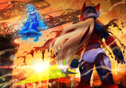 2boys android armor battle_damage blonde_hair blue_helmet blue_robe brown_cloak cloak cyber_elf_x_(mega_man) energy_sword forehead_jewel from_behind helmet holding holding_sword holding_weapon kiwakiwa long_hair male_focus mega_man_(series) mega_man_zero_(series) multiple_boys red_armor red_helmet robe sitting standing sunset sword torn_cloak torn_clothes weapon x_(mega_man) z_saber zero(z)_(mega_man) zero_(mega_man)