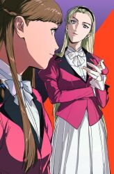 Rule 34 | 2girls, amikoiiko, arm under breasts, black hairband, blazer, blonde hair, blue ribbon, braid, braided ponytail, closed mouth, commentary request, cowboy shot, dorothy catalonia, dress shirt, earrings, facing to the side, fingernails, forked eyebrows, frilled sleeves, frills, gundam, gundam wing, hair pulled back, hair tuft, hairband, half up braid, head tilt, highres, holding own arm, jacket, jewelry, juliet sleeves, lapels, long hair, long sleeves, looking at another, mismatched eyebrows, multiple girls, neck ribbon, notched lapels, official alternate costume, open mouth, orange background, pearl earrings, pink lips, puffy sleeves, purple background, purple eyes, purple jacket, relena peacecraft, ribbon, school uniform, shirt, single braid, skirt, two-tone background, upper body, white ribbon, white shirt, white skirt