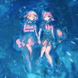 Rule 34 | 2girls, absurdres, black capelet, black skirt, blonde hair, brown hair, capelet, circle yomado, dress, full body, hat, highres, holding hands, long sleeves, looking at viewer, lying, lying on water, maribel hearn, medium hair, mob cap, multiple girls, necktie, on back, open mouth, purple dress, red necktie, shirt, skirt, smile, touhou, unworn headwear, usami renko, white shirt